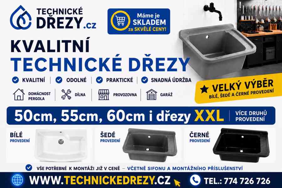 Technický dřez PRAKTIK 50 cm ČERNÝ polypropylen + sifon  - foto 6