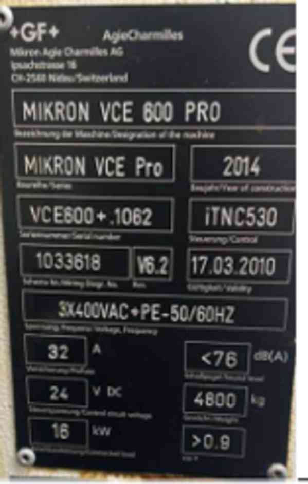 MIKRON VCE 600 Pro, 3osé CNC obráběcí centrum (r.2014) - foto 2