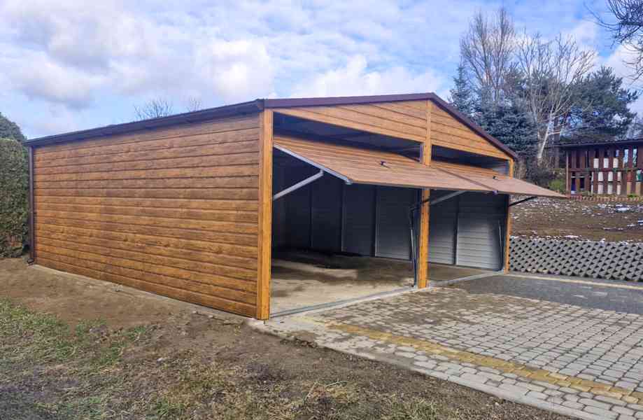 Plechova garáž 6x6,5m - výklopná vrata - světlý ořech TS932 - foto 3