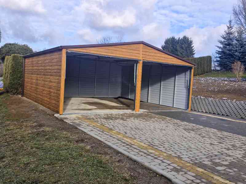 Plechova garáž 6x6,5m - výklopná vrata - světlý ořech TS932 - foto 6