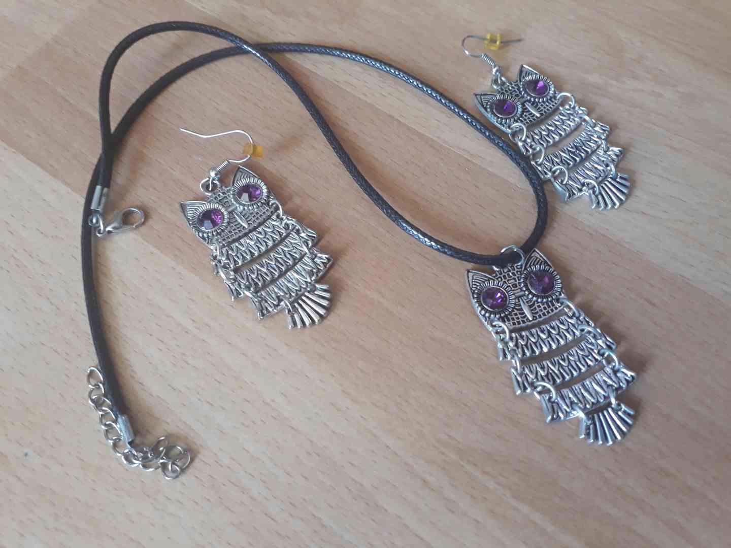 Náušnice a náhrdelník Sovičky s fialovými kameny - foto 1