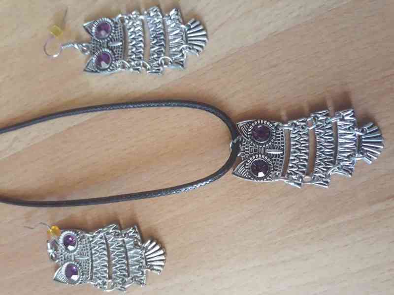 Náušnice a náhrdelník Sovičky s fialovými kameny - foto 3