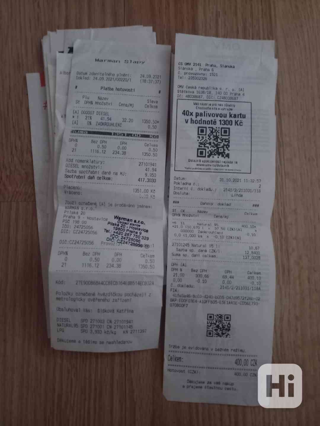 Účtenky 2021 na palivo, hlavně benzín, vše hotovost, cash - foto 1