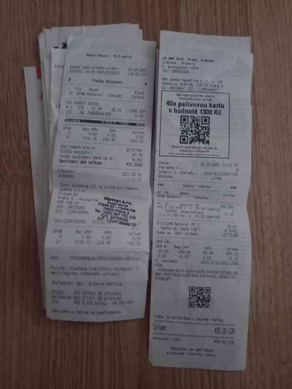 Účtenky 2021 na palivo, hlavně benzín, vše hotovost, cash - foto 1