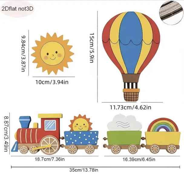 Dřevěná dekorace na zeď - slunce, balón, vláček  - foto 2