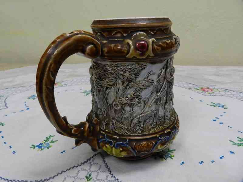 Krásný velmi starý keramický Korbel Lovecký motiv Majolika - foto 6