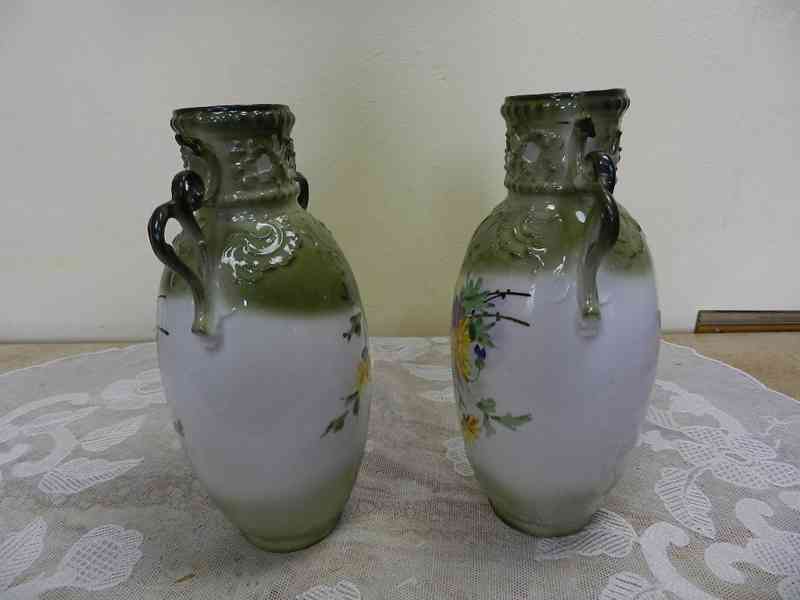Krásné secesní zelené malované párové Vázy Květiny - foto 6