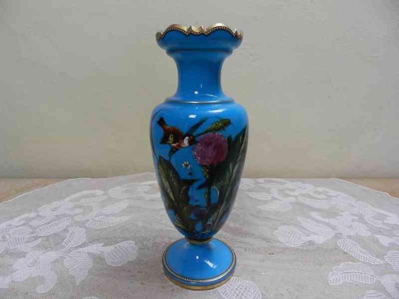 Krásná stará modrá ručně malovaná Váza Ptáček Harrachov - foto 1
