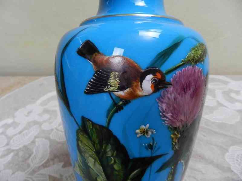 Krásná stará modrá ručně malovaná Váza Ptáček Harrachov - foto 6