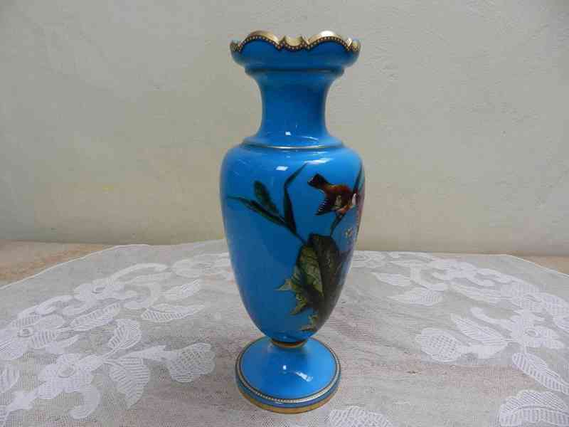 Krásná stará modrá ručně malovaná Váza Ptáček Harrachov - foto 3