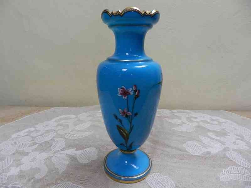 Krásná stará modrá ručně malovaná Váza Ptáček Harrachov - foto 5