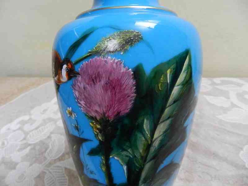 Krásná stará modrá ručně malovaná Váza Ptáček Harrachov - foto 7