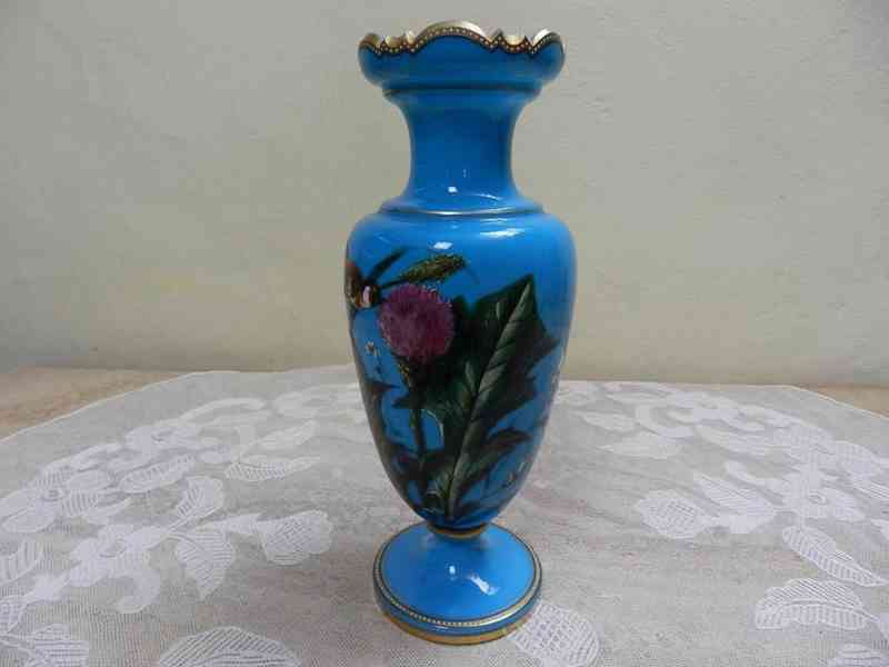 Krásná stará modrá ručně malovaná Váza Ptáček Harrachov - foto 4