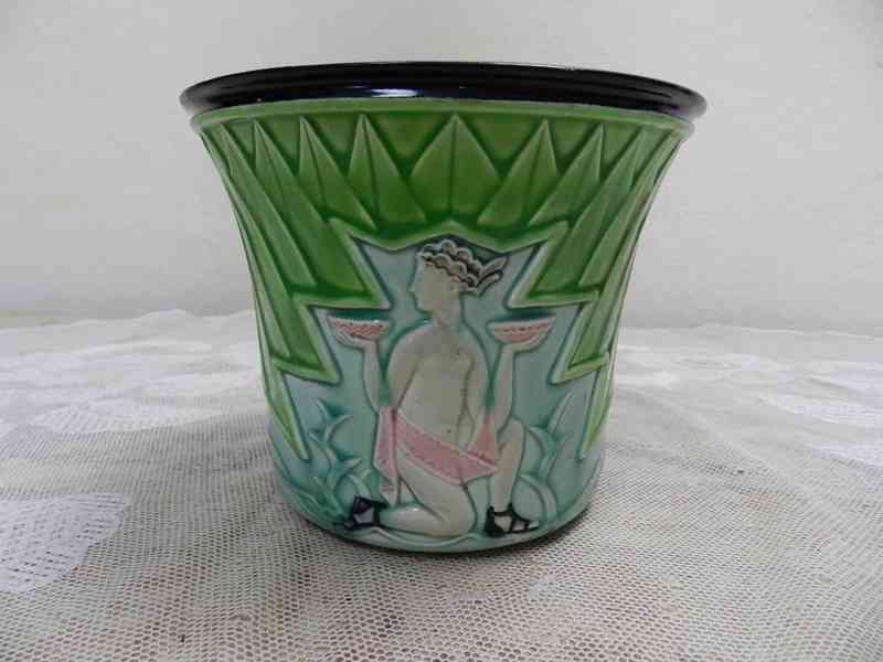 Krásný Art Deco zelený Květináč Květník s Akty  - foto 3