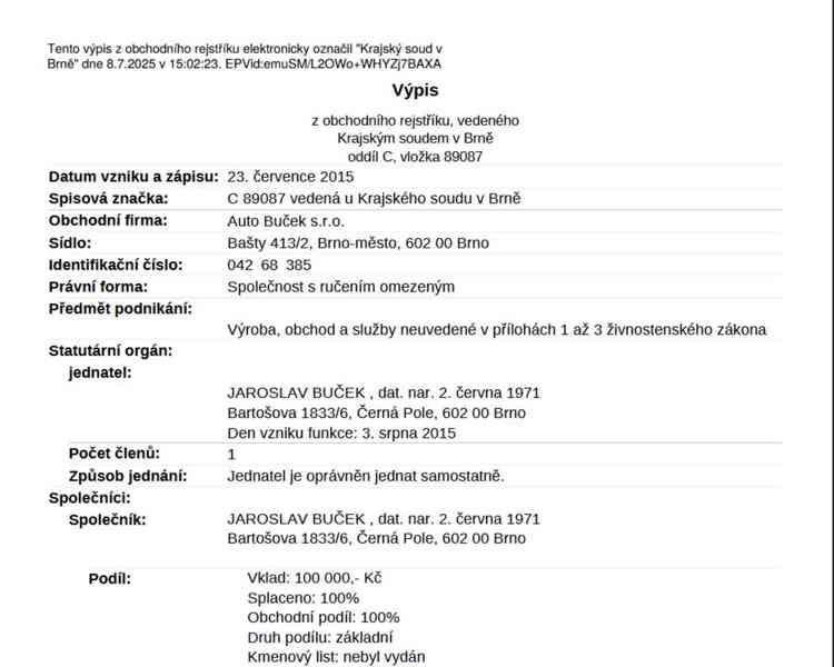 Obchodní podíl ve výši 100% ve společnosti Auto Buček s.r.o. - foto 2