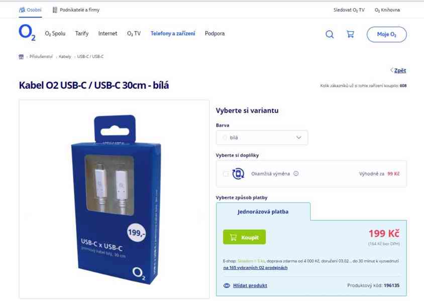 Nový datový a nabíjecí kabel O2 USB-C/USB-C délky 30cm SLEVA - foto 4