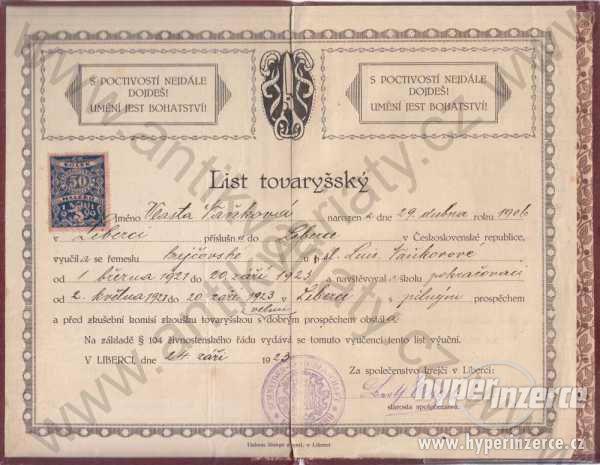 List tovaryšský Společenstvo krejčí v Liberci 1923 - foto 1