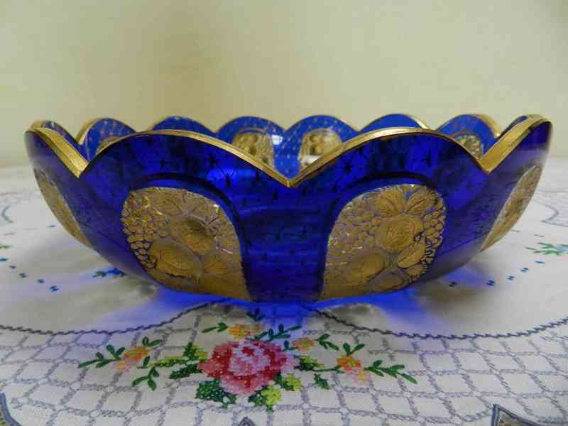 Luxusní velmi stará masivní zlacená Mísa modrá barva Čechy - foto 2