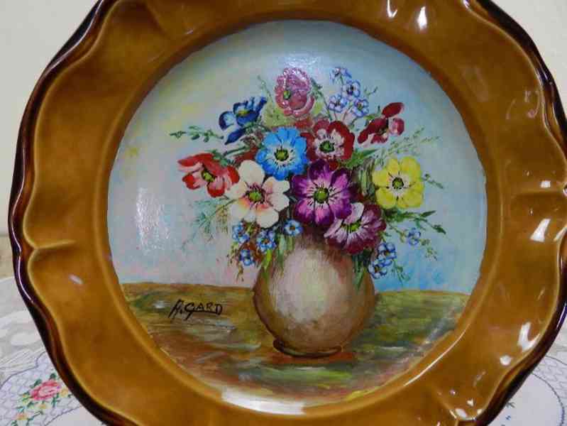 Hezký starý ručně malovaný Talíř Květiny Francie Signováno - foto 3