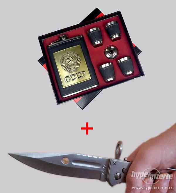 Exkluzivní CCCP placatka s panáky a trychtýřem + CCCP nůž - foto 1