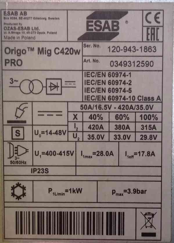 Zánovní MIG/MAG svářečka Esab OrigoMig C420W Pro - foto 3