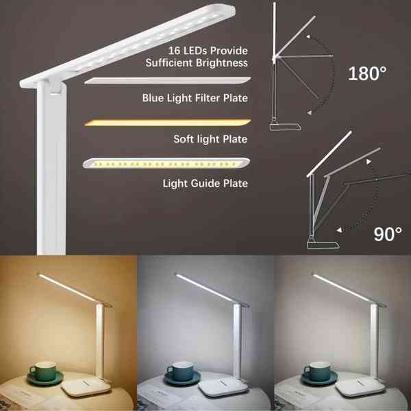 Stolní lampa LED skládací, 3 odstíny světla + držák na mobil - foto 2