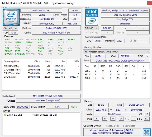 MB MSI H61M-P31 s.1155+Intel i5-3330 3.2Ghz+16GB DDR3+Win10 - foto 8