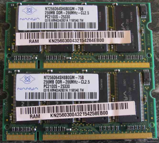 paměť do notebooku soDIMM 2x 256MB DDR 266MHz (identické) - foto 1