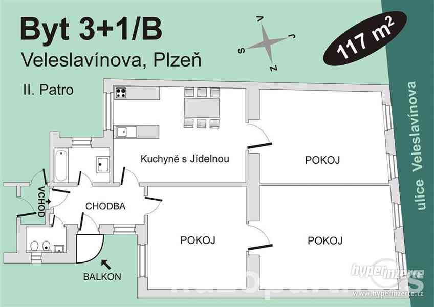 Byt 3+1/B , cihla (117 m2) Veleslavínova, Plzeň
