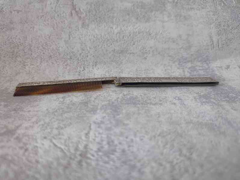 Starožitný skládací stříbrný hřeben 900 – zdobený, kapesní  - foto 10