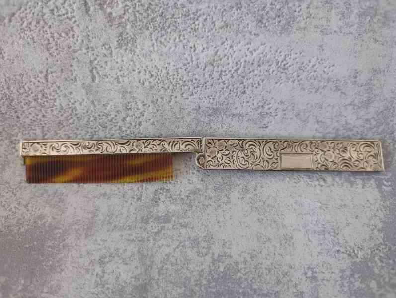 Starožitný skládací stříbrný hřeben 900 – zdobený, kapesní  - foto 7