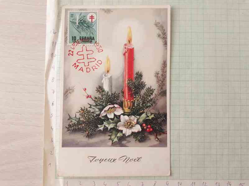  Joeux Noel - vánoční přání, známka a razítko Španělsko 1950 - foto 1