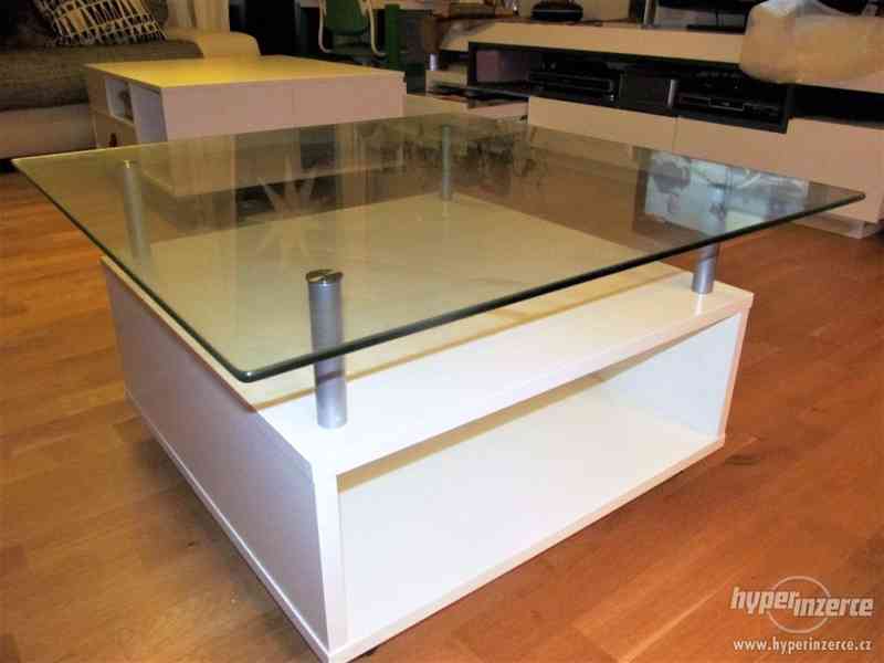 Konferenční stolek skleněný a dřevěný, bílý, úložný prostor - foto 1