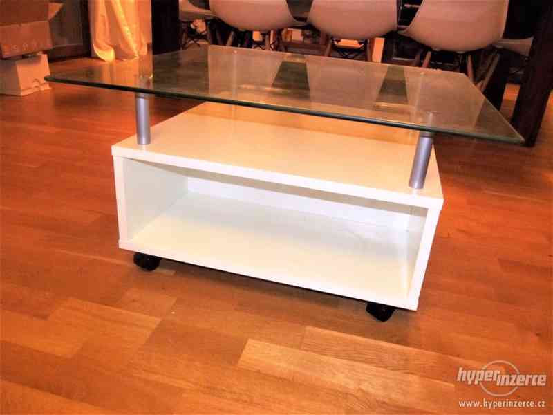 Konferenční stolek skleněný a dřevěný, bílý, úložný prostor - foto 3