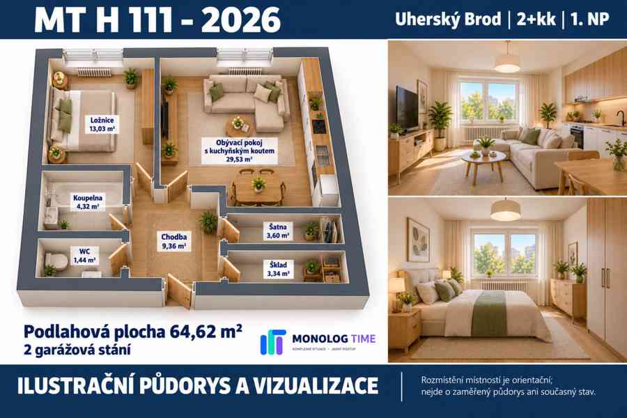 Byt 2+kk, 64,62 m², 1. NP, dvě garážová stání - foto 2