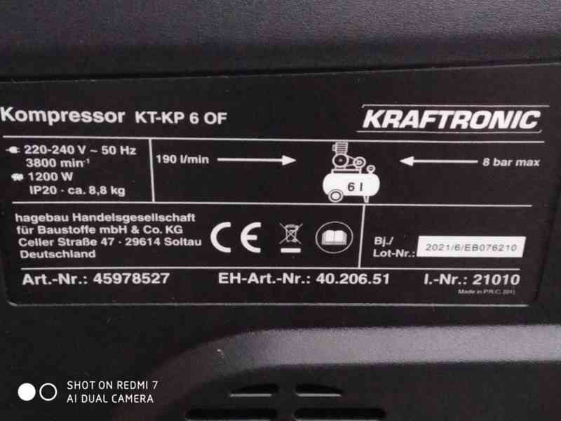 Prodám Bezolejový kompresor KRAFTRONIC KT-KP 6 OF -8 BARŮ.  - foto 4