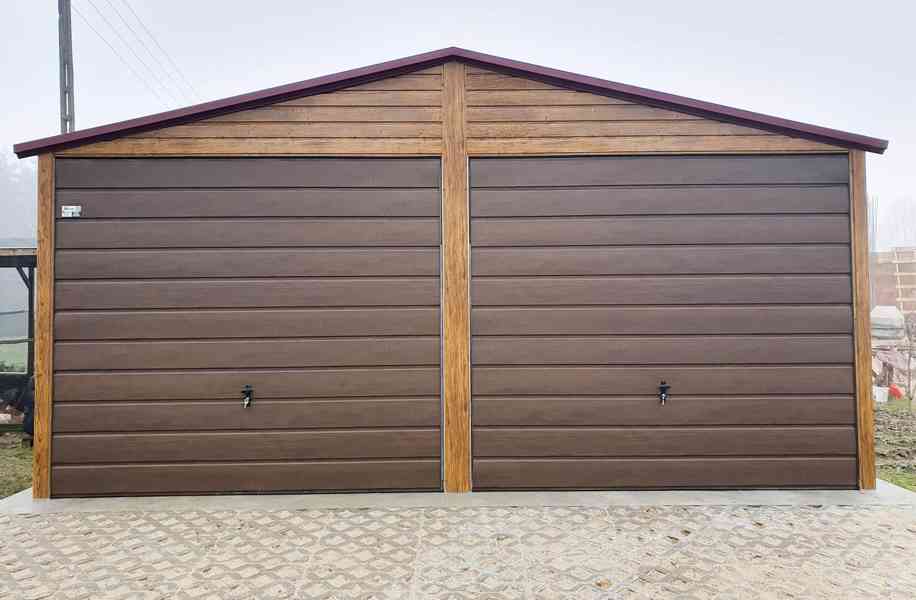 Plechová garáž 6x6 2x výklopná vrata - světlý ořech, TS584 - foto 3