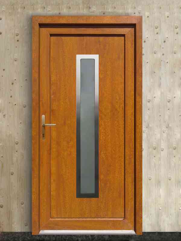 Plastové dveře vchodové zlatý dub sklo-kov 5bodový
