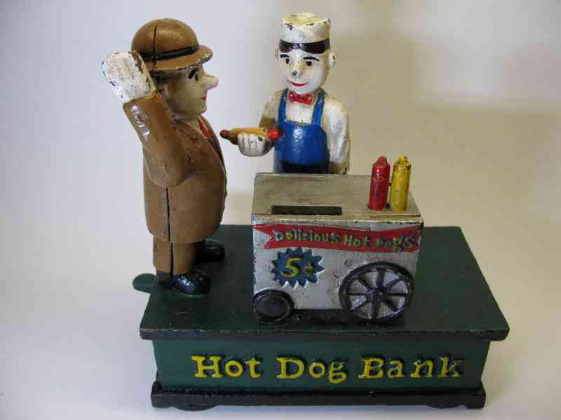 Ručně Malovaná Litinová Pokladnička-Hot Dog Bank,Nefunkční - foto 2