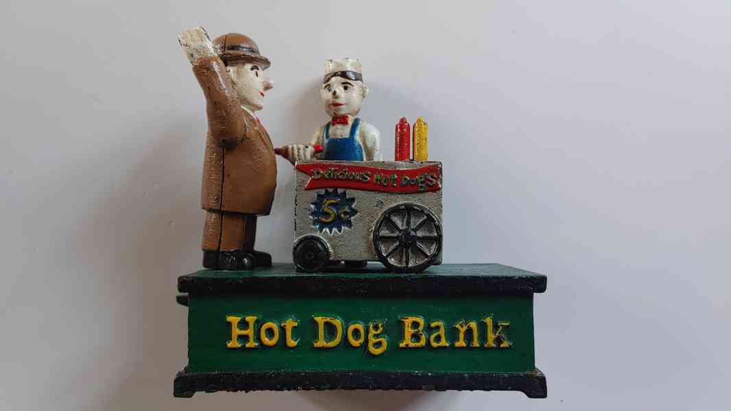 Ručně Malovaná Litinová Pokladnička-Hot Dog Bank,Nefunkční - foto 6