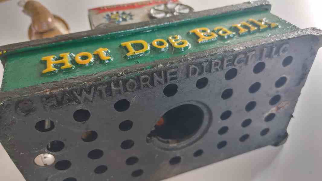 Ručně Malovaná Litinová Pokladnička-Hot Dog Bank,Nefunkční - foto 8