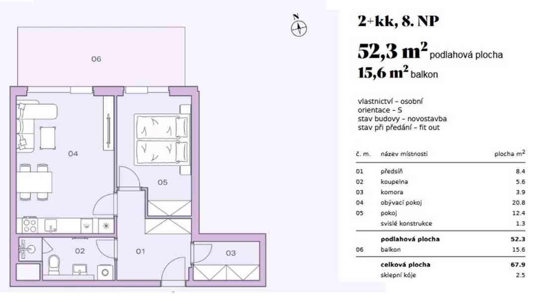 Prodej 2+kk, plocha 67,9 m2, Balkón, 8. NP, Praha 4 - foto 6