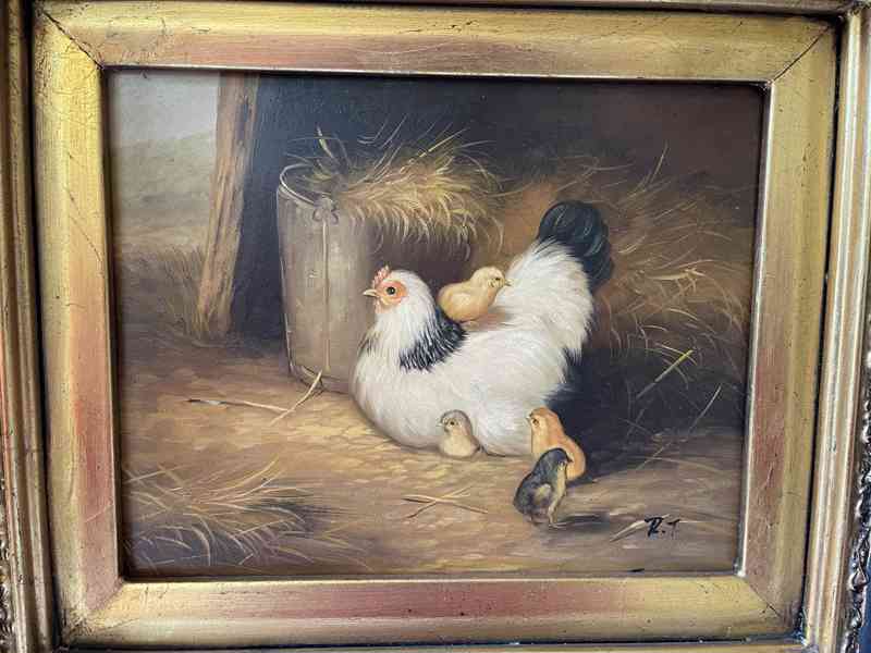 Slepice s kuřátky - obraz ve zlato černém zdobeném rámu - foto 2