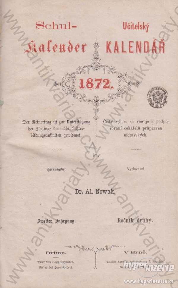 Schul - Kalender / Učitelský kalendář 1872 Nowak - foto 1