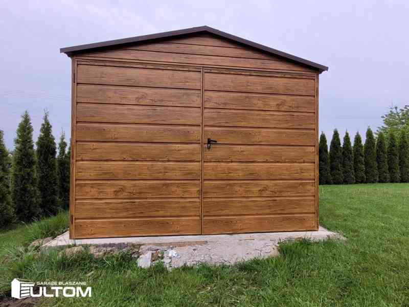 Plechová garáž, zahradní domek 3x5m v imitaci dřeva 