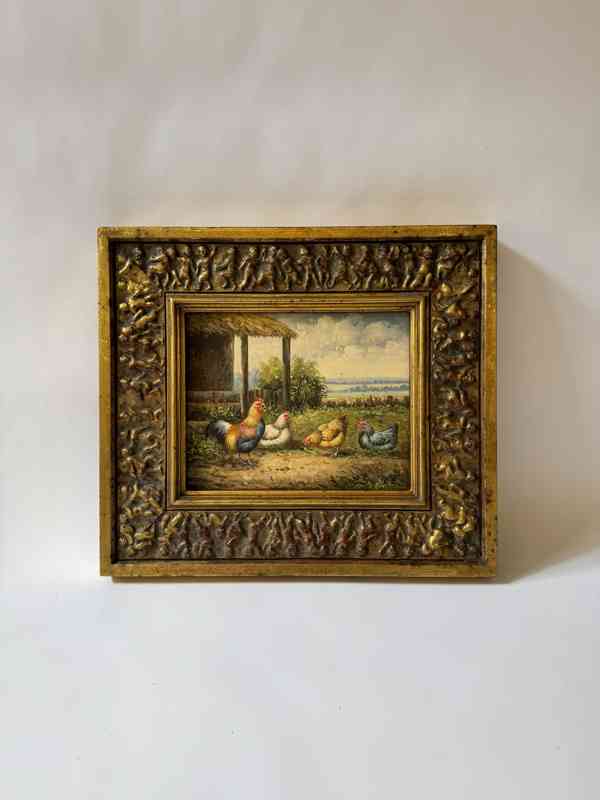 Kohout slepice dvorek - obraz ve zlatém zdobeném rámu - foto 1