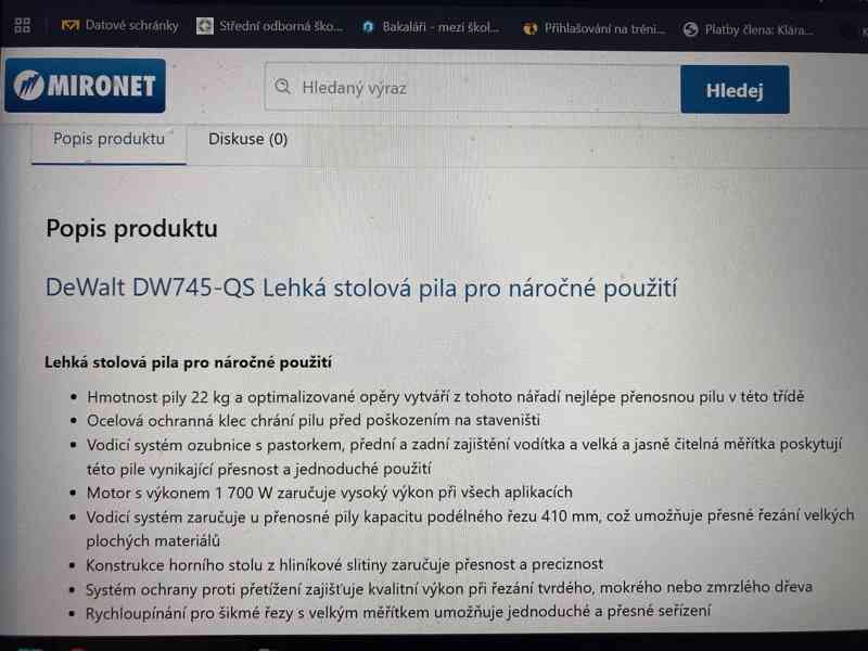 NOVÁ STOLNÍ PILA DeWALT DW745 S POJÍZDNÝM PODSTAVCEM - foto 5
