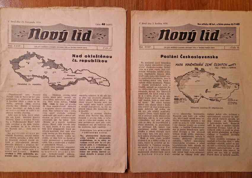 Noviny Nový lid - zabrání Sudet 1938, poněmčení zemí Českých