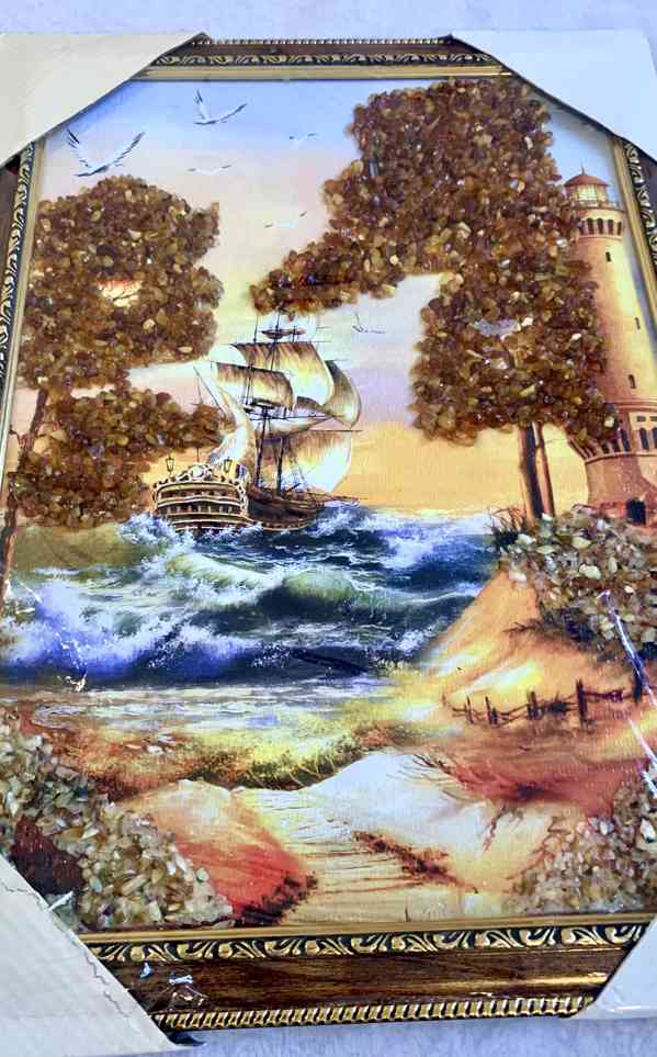 Luxusní jantarový obraz „Maják a plachetnice“ – originál - foto 5