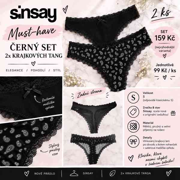 Sexy černý SET 2x krajková tanga Sinsay (Černá + Paisley vzo - foto 2